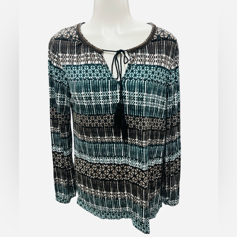 Rose & Olive Women's Green Brown Boho Tunic Top Shirt Paisley Tassels Size M - Picture 5 of 11